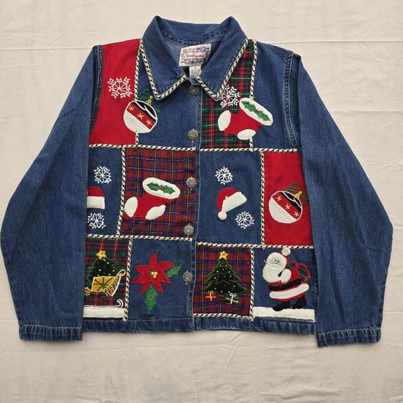 Tantrums Jackets & Blazers - Vintage 90s Tantrums Christmas Denim Jacket Womens S Patchwork Santa NWT